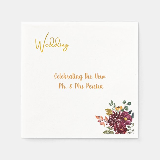 Burgundy Floral & Gold Script Wedding Napkins (Front)