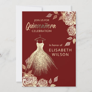 Burgundy Floral gold sequins dress Quinceañera In Invitation