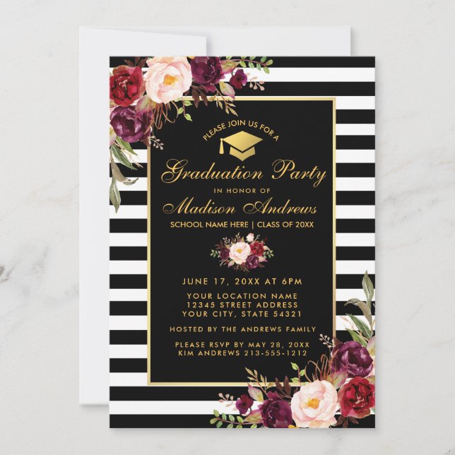 Burgundy Floral Gold Striped Graduation Party Invitation (Front)