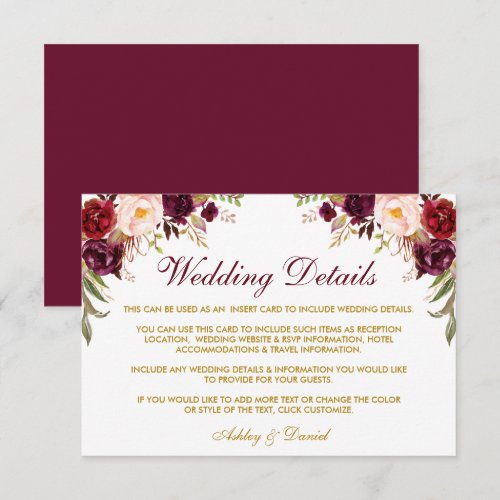 Burgundy Floral Gold Wedding Details Insert Card