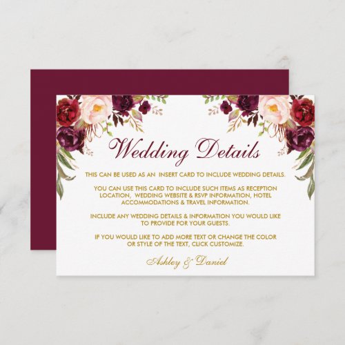 Burgundy Floral Gold Wedding Details Insert Card