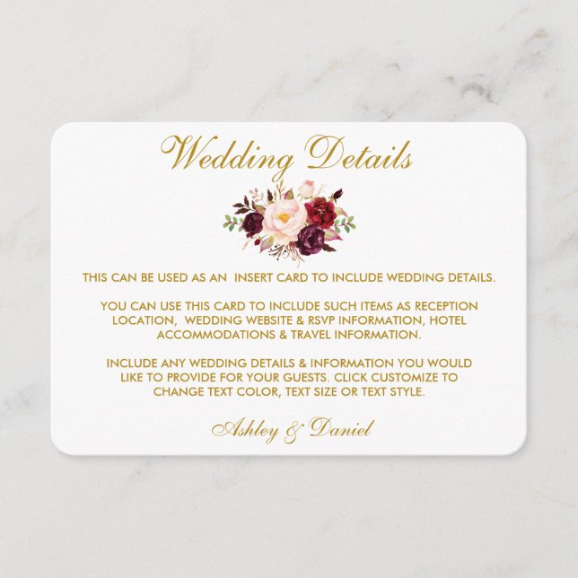 Burgundy Floral Gold Wedding Details Insert Card (Front)