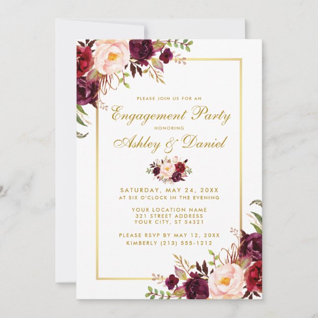 Burgundy Floral Gold Wedding Engagement Invite (Front)