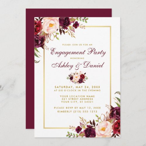 Burgundy Floral Gold Wedding Engagement Invite BB