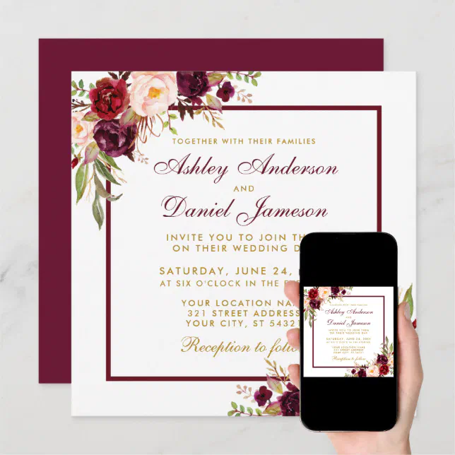 Burgundy Floral Gold Wedding Invite Card B | Zazzle