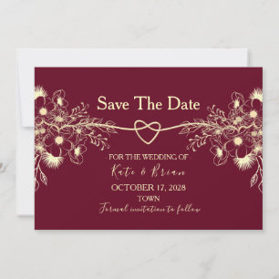 Burgundy Floral Gold Wedding Save The Date