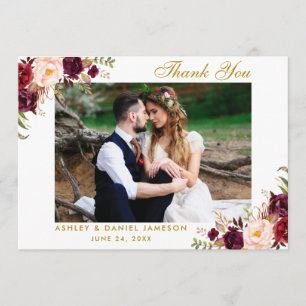 Burgundy Floral Gold Wedding Thank You