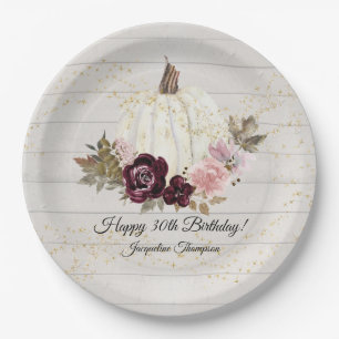 Burgundy Floral Gold White Pumpkin 30th Birthday Paper Plates