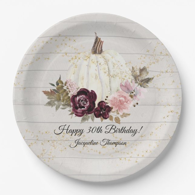 Burgundy Floral Gold White Pumpkin 30th Birthday Paper Plates (Front)