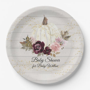 Burgundy Floral Gold White Pumpkin Baby Shower Paper Plates