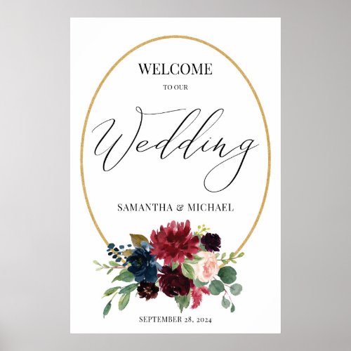 Burgundy Floral Gold Wreath Wedding Welcome Sign