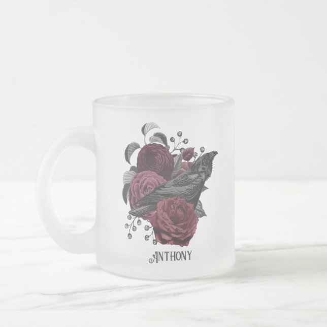 Burgundy Floral Gothic Frosted Glass Coffee Mug (Left)