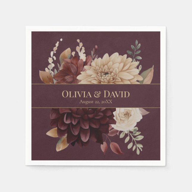 Burgundy Floral Gothic Personalized Wedding Napkin (Front)