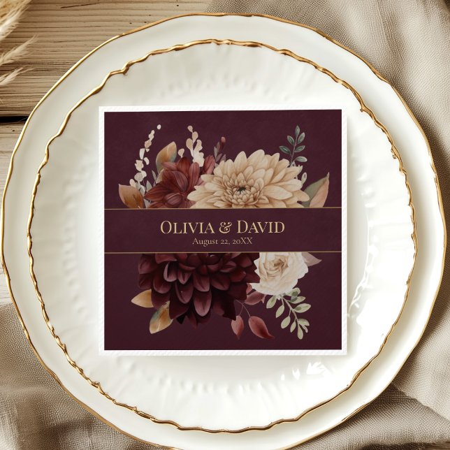 Burgundy Floral Gothic Personalized Wedding Napkin (Burgundy Floral Gothic Personalized Wedding Napkin on an elegant rustic wedding table.)