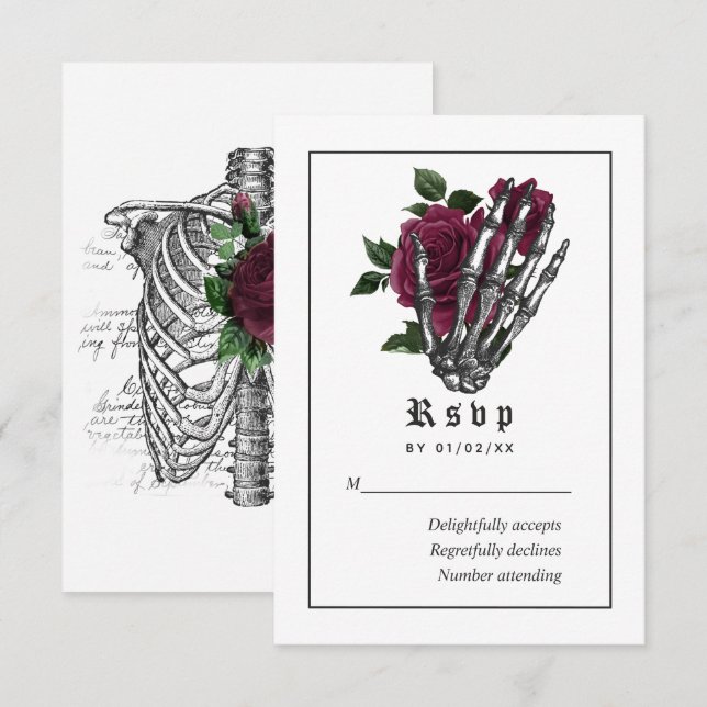 Burgundy Floral Gothic Skeleton Wedding RSVP Card (Front/Back)