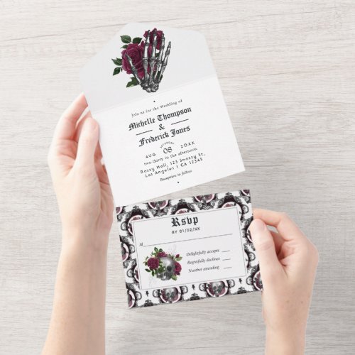 Burgundy Floral Gothic Wedding All In One Invitation