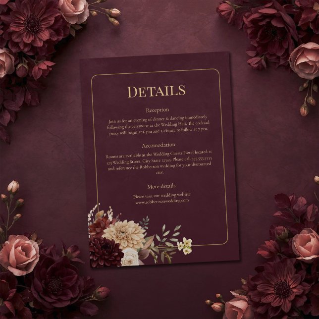 Burgundy Floral Gothic Wedding Details Card (Burgundy Floral Gothic Wedding Details Card on a burgundy witchy wedding table with flowers)