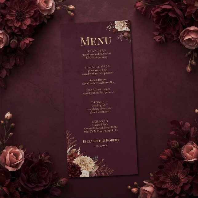 Burgundy Floral Gothic Wedding Menu (Burgundy Floral Gothic Wedding Menu on a burgundy victorian wedding table with dark flowers)