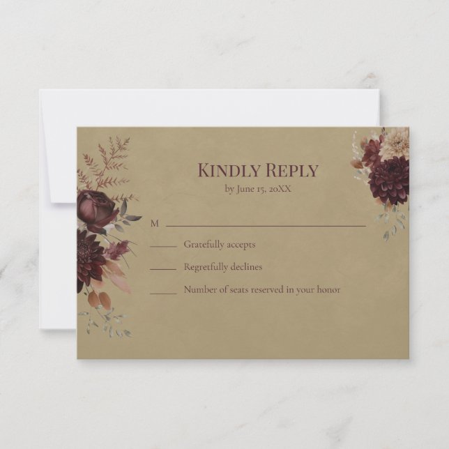 Burgundy Floral Gothic Wedding RSVP Card (Front)
