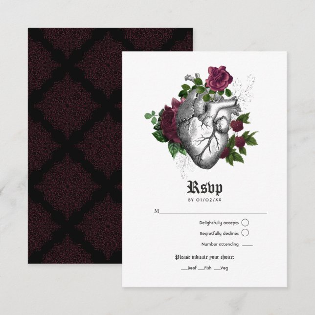 Burgundy Floral Gothic Wedding RSVP Card (Front/Back)