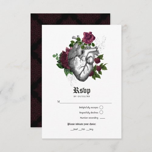 Burgundy Floral Gothic Wedding RSVP Card