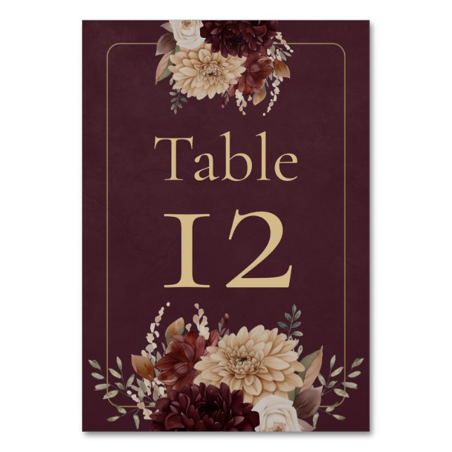 Burgundy Floral Gothic Wedding Table Number (Front)