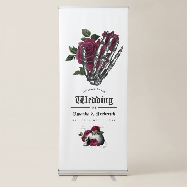 Burgundy Floral Gothic Wedding Welcome Retractable Banner (Front)