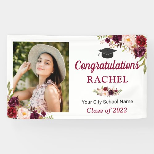 Burgundy Floral Graduate Photo Graduation Party Banner - Burgundy Floral Graduate Photo Graduation Party Banner. For further customization, please click the "customize further" link and use our design tool to modify this template.