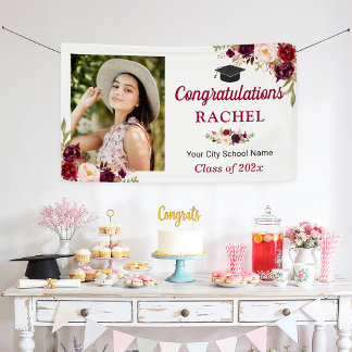 Burgundy Floral Graduate Photo Graduation Party Banner