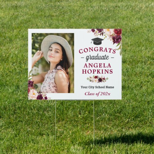 Burgundy Floral Graduate Photo Graduation Yard Sign