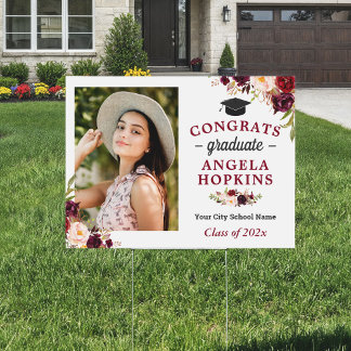 Burgundy Floral Graduate Photo Graduation Yard Sign