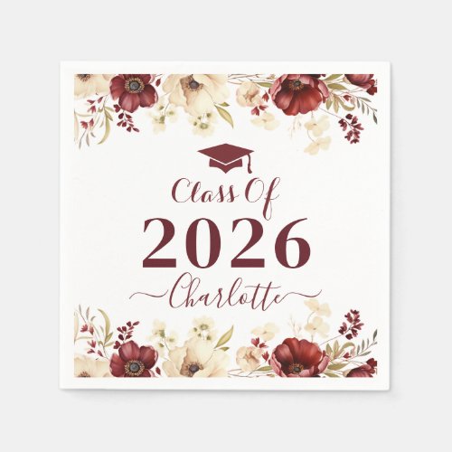 Burgundy Floral Graduation Class Of 2026 Napkins