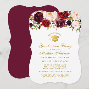 Burgundy Floral Graduation Party Gold Invite BG