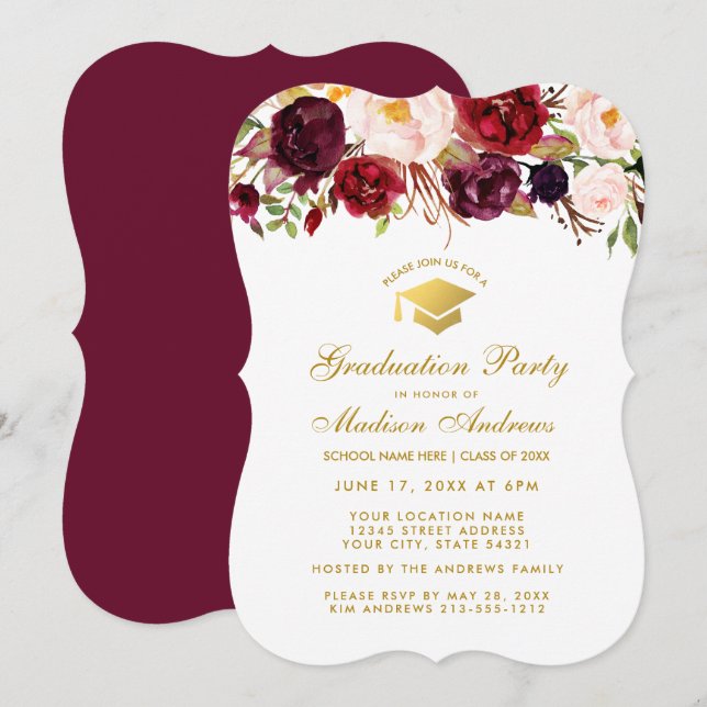 Burgundy Floral Graduation Party Gold Invite BG (Front/Back)