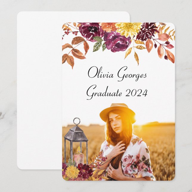 Burgundy floral graduation photo card (Front/Back)