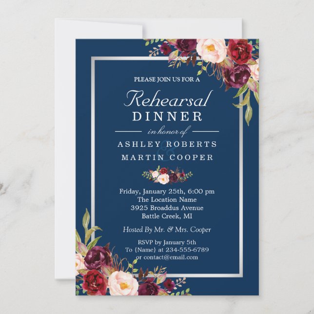 Burgundy Floral Gray Blue Wedding Rehearsal Dinner Invitation (Front)