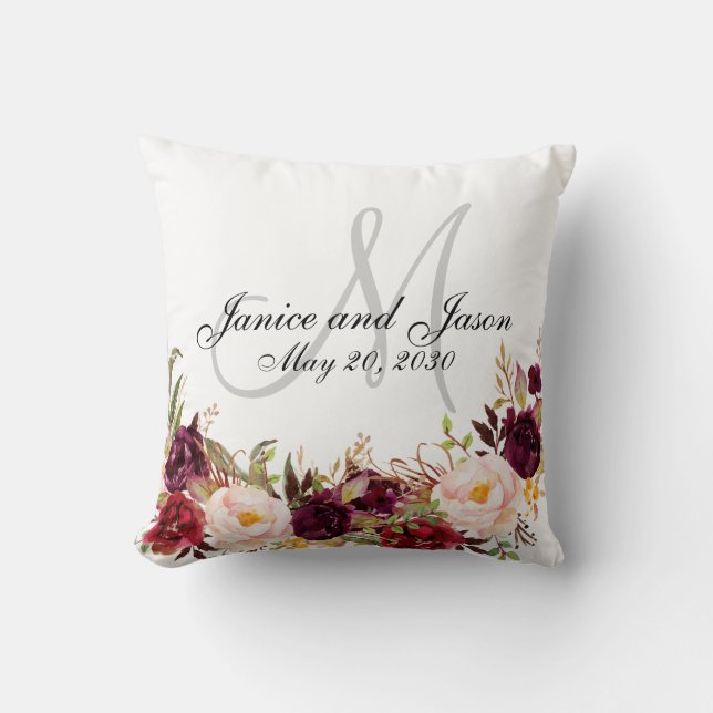 Burgundy Floral Gray White Monogram Wedding Throw Pillow (Front)