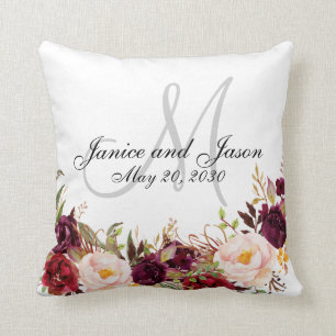 Burgundy Floral Gray White Monogram Wedding Throw Pillow