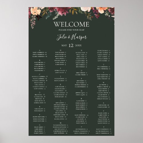 Burgundy Floral  Green Alphabetical Seating Chart