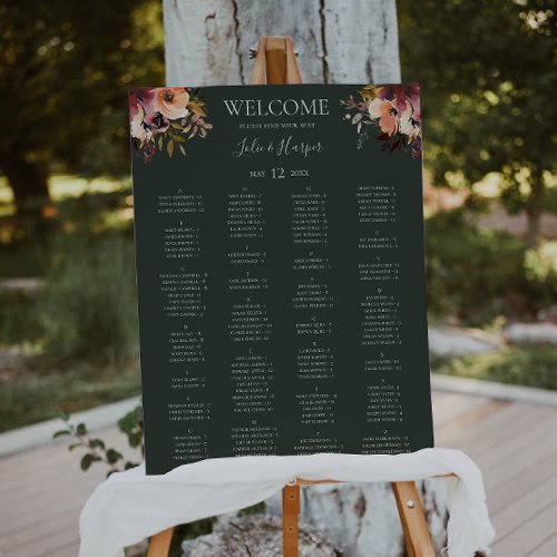 Burgundy Floral  Green Alphabetical Seating Chart Foam Board