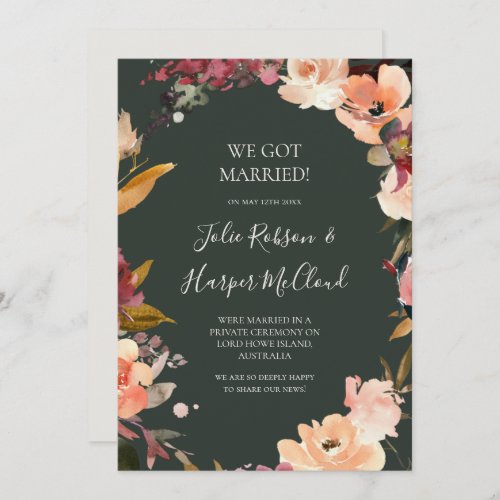 Burgundy Floral  Green Elopement Announcement