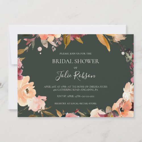 Burgundy Floral  Green Horizontal Bridal Shower Invitation