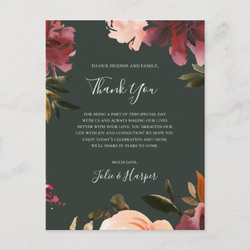 Burgundy Floral  Green Thank You Reception Card