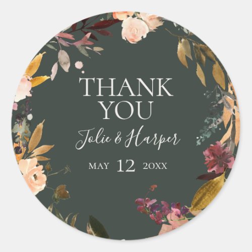 Burgundy Floral  Green Thank You Wedding Favor Classic Round Sticker