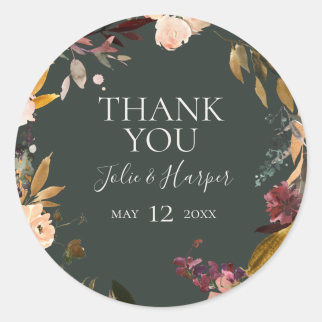 Burgundy Floral | Green Thank You Wedding Favor Classic Round Sticker (Front)