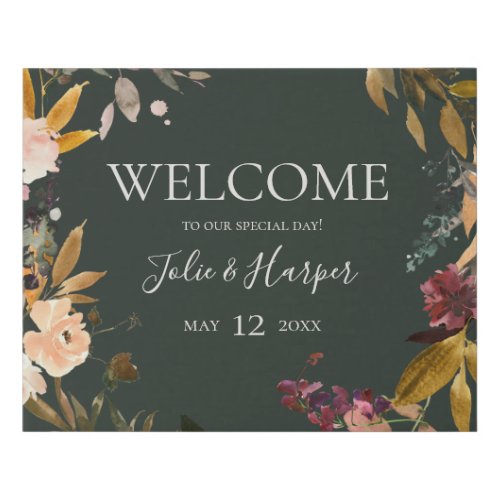 Burgundy Floral  Green Welcome Faux Canvas Print