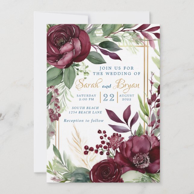 Burgundy Floral Greenery Boho Wedding Invitation (Front)