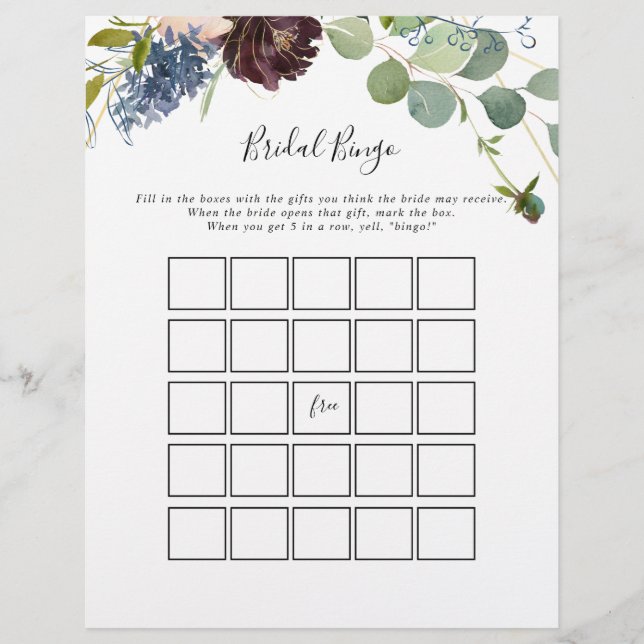 Burgundy Floral Greenery Bridal Bingo Game (Front)