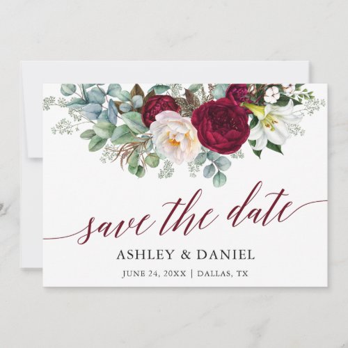 Burgundy Floral Greenery Calligraphy Save The Date