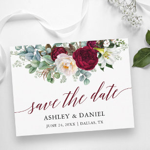 Burgundy Floral Greenery Calligraphy Save The Date Postcard